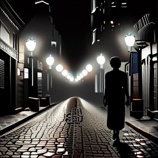 老街巷夜景行人剪影