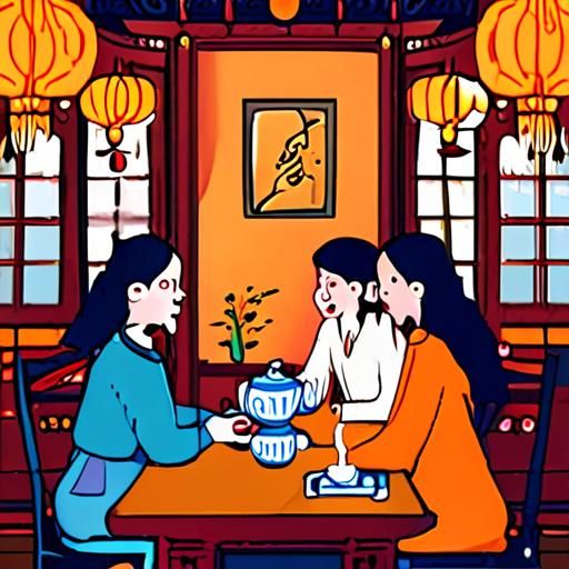 朋友在茶室欢笑的温馨画面