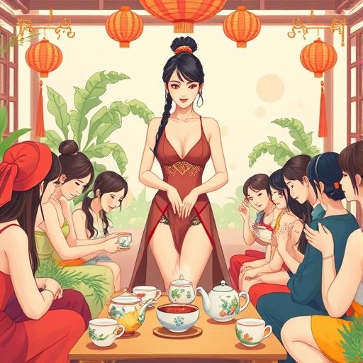 学员们围坐一起学习泡茶的欢乐画面