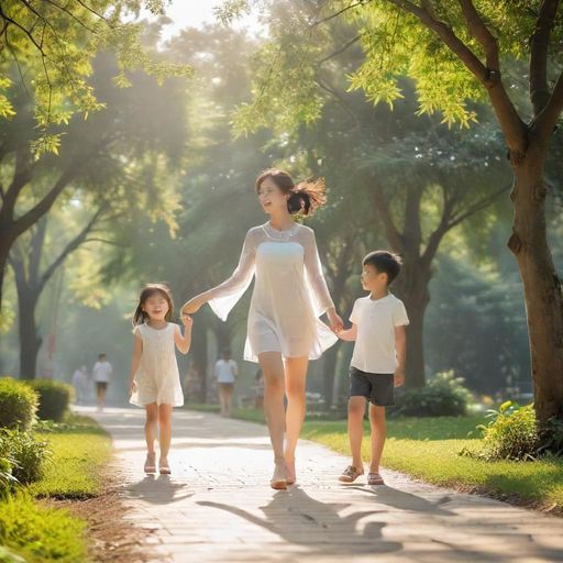 一家人在番禺的正规公园享受阳光和休闲时光