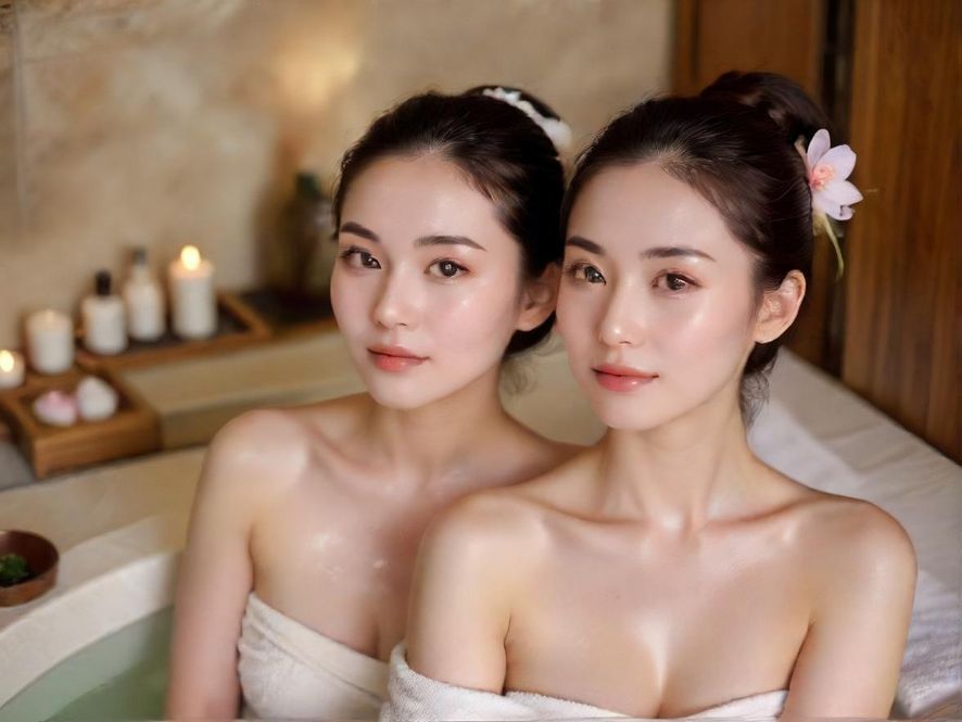 一位女性在柔和光线下的豪华SPA享受足部按摩，环境舒适温馨
