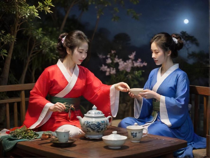 夜上海风格的品茶会所包厢，充满东方韵味，暖色调灯光营造温馨氛围