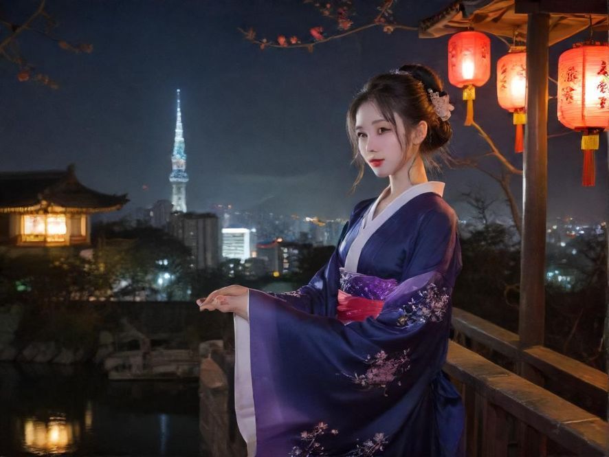 繁华都市夜景，霓虹闪烁，远处高楼林立，展现都市夜生活的魅力。