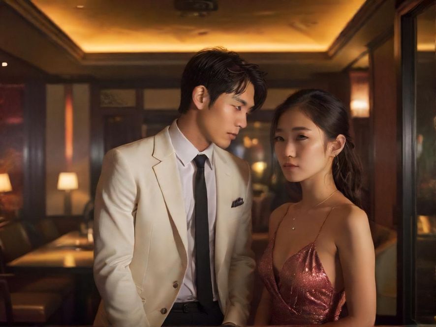 一位高端商务人士与一位魅力女子在私密会所中，远景构图，温暖的灯光营造出温馨而私密的氛围。