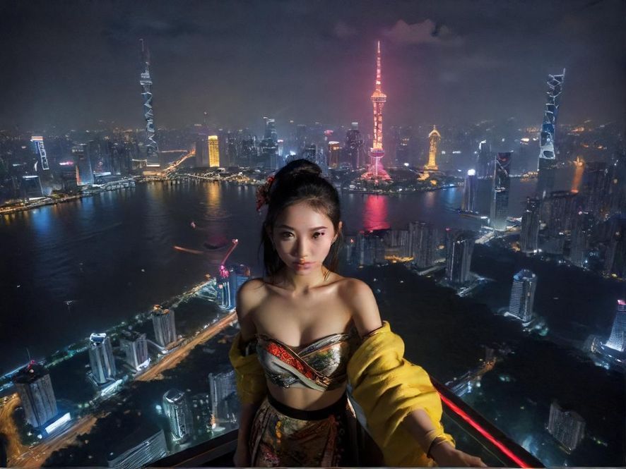 广州都市夜景，高楼林立，霓虹闪烁，远处有若隐若现的古典建筑，展现出神秘而诱惑的都市天际线。