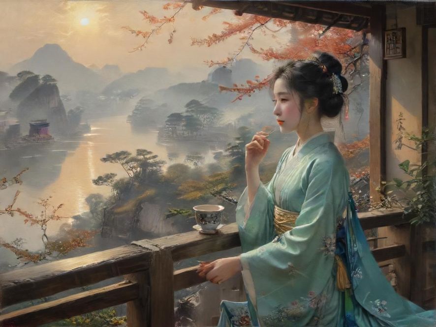 广州老城傍晚的茶馆街景