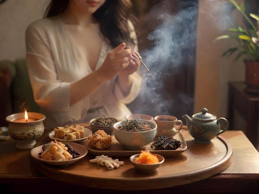 一张摆放着精致茶点和香薰的优雅桌面特写，温暖的色调营造出舒适放松的氛围，细节之处尽显品味。