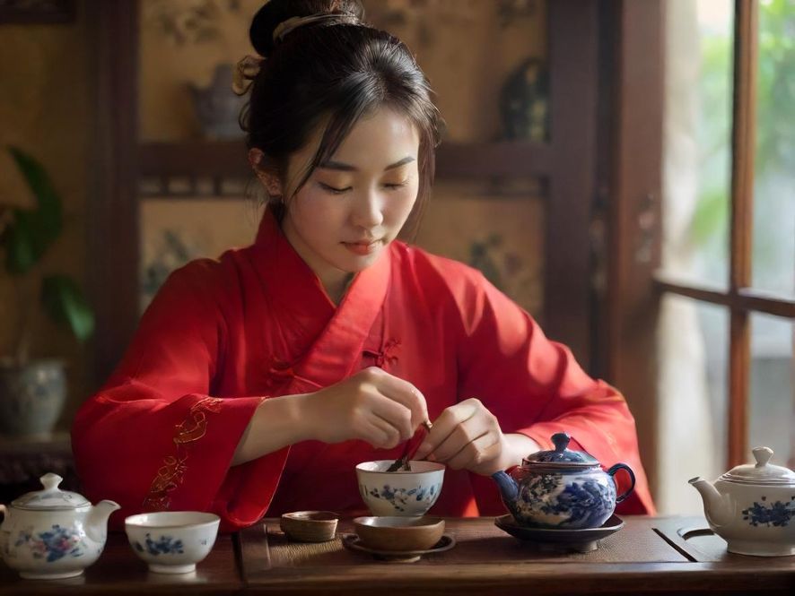一位茶艺师正在优雅地进行泡茶的近景特写，背景是中式古典风格的茶室，画面唯美写实。