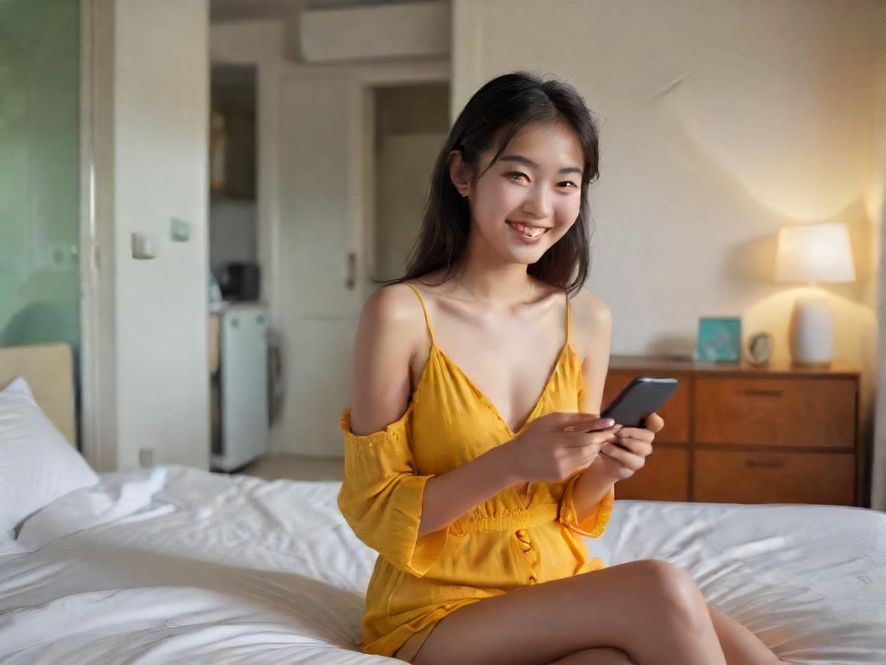 一位女士在咖啡馆里轻松愉悦地浏览手机上的罗湖桑拿报告论坛，脸上带着微笑。