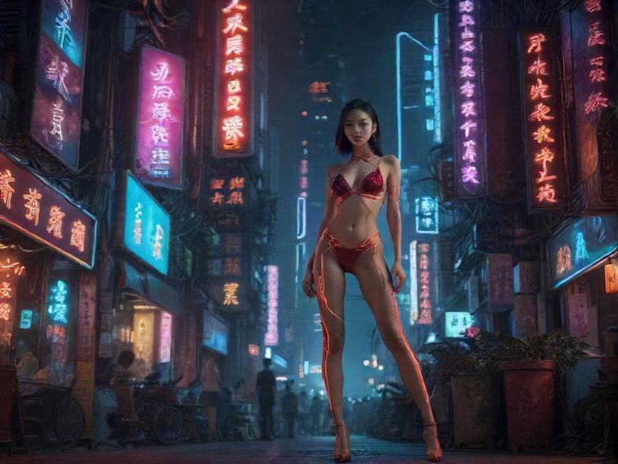 深圳夜幕下，高楼林立，霓虹灯闪烁，街头车水马龙，呈现出一种赛博朋克风格的繁华都市夜景，充满活力与诱惑。