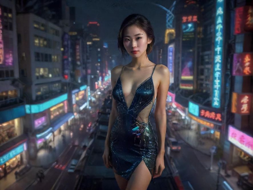 繁华夜景下的城市街头，霓虹灯闪烁，充满夜场氛围