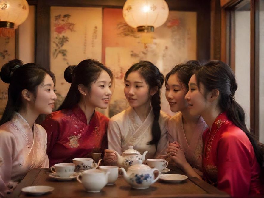 一群人在私密茶馆里低语交谈的近景特写，温暖柔和的光线映照下，传统中式装修营造出私密而温馨的氛围。