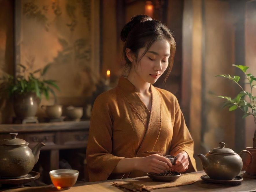 一位专业的广州茶艺师正在茶桌前，手法娴熟地冲泡茶叶