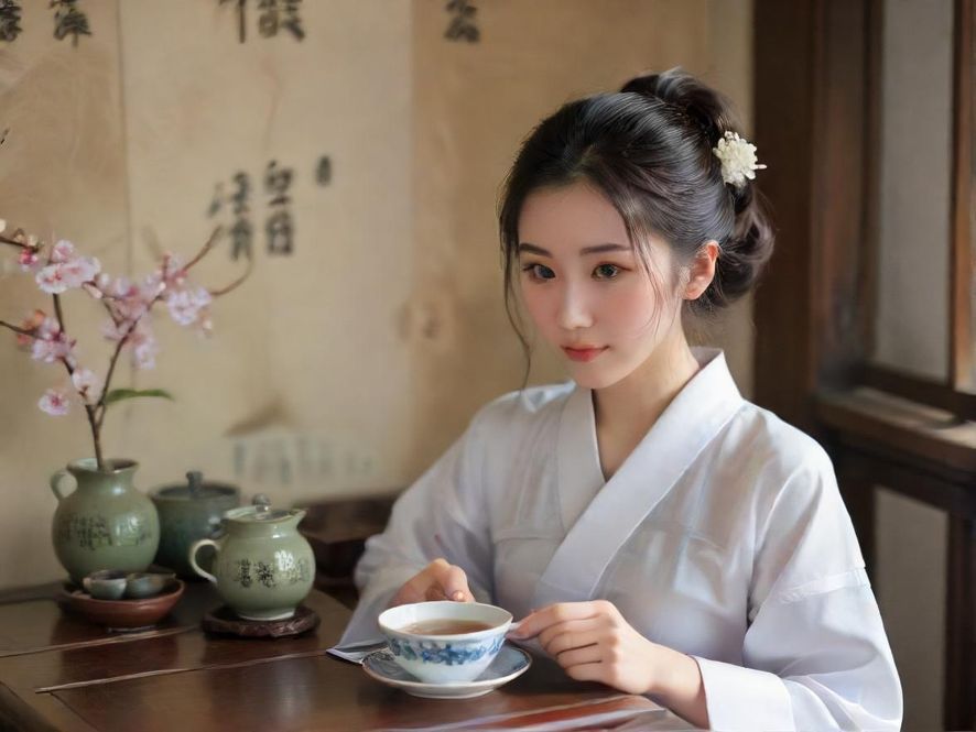 一个温馨雅致的私人客厅，柔和灯光下，一位女性背影正在享受品茶时光，营造出私密放松的氛围