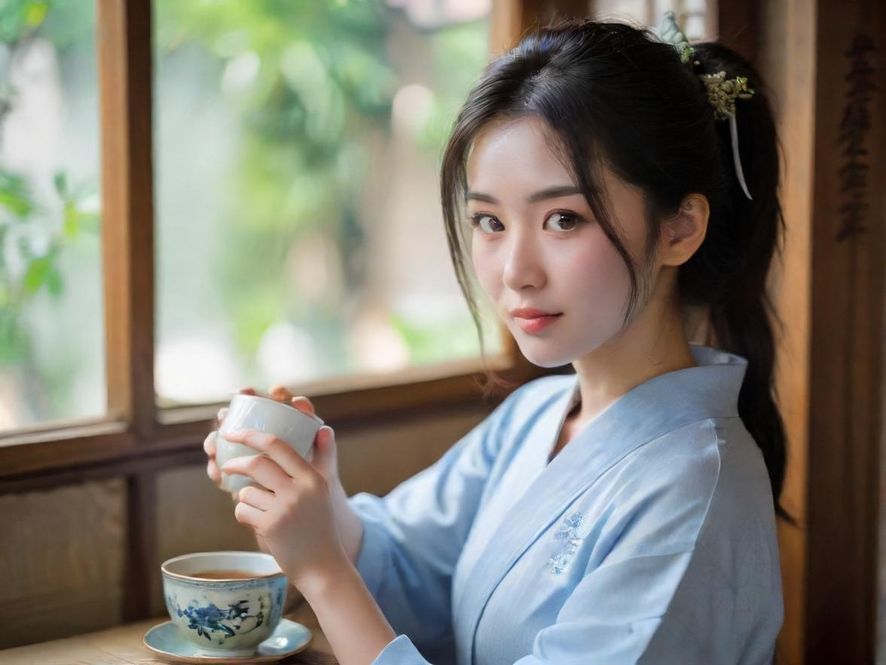在广州的温馨茶馆里，一位美女正在品茶，享受休闲时光