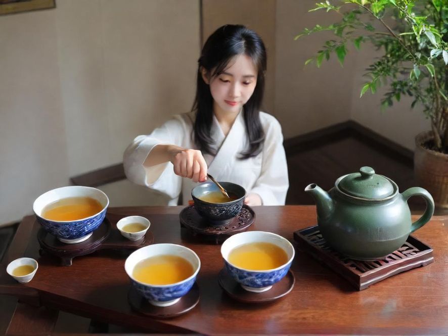 两位女性朋友在广州一间雅致的茶室里品茶，享受悠闲时光