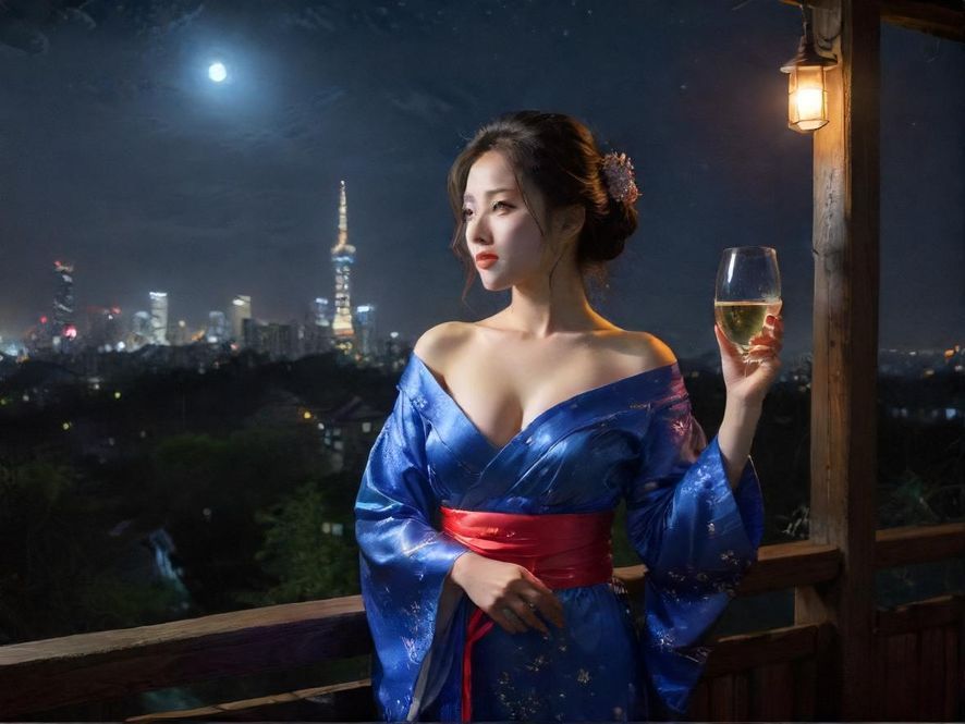 一位在深圳都市夜景背景下，身着优雅服饰的成熟女性，眼神温柔而富有故事感，散发着迷人魅力。