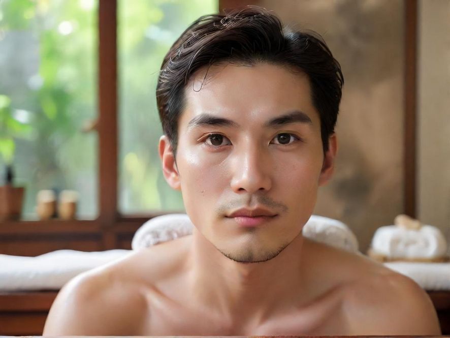 一位男士在雅致的SPA包间内享受头部按摩，表情放松，环境温馨舒适。