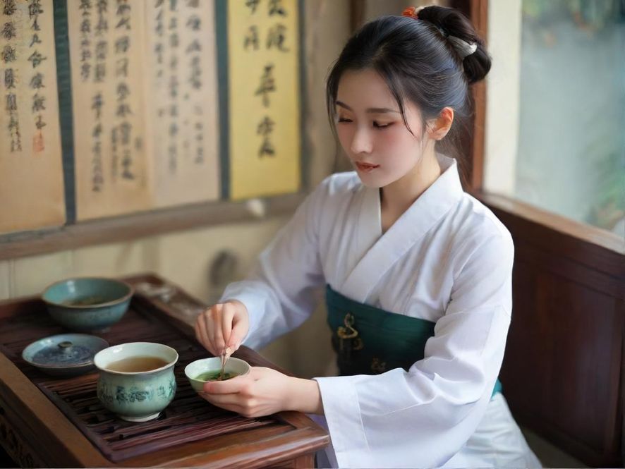 两位气质优雅的女性在现代中式风格茶室中侧面交流品茶,画面带有电影感滤镜